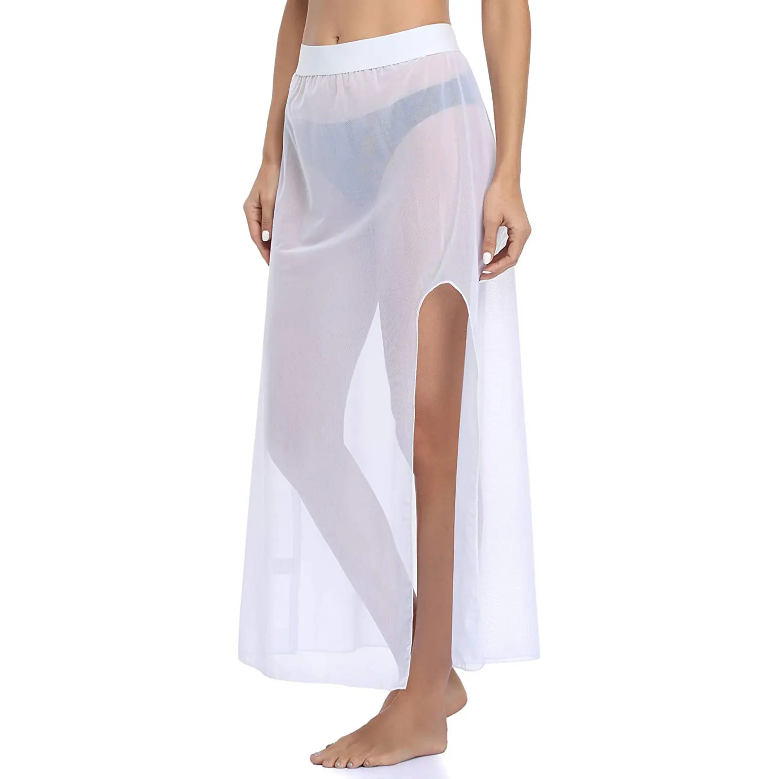

Women Split Bikini Cover Ups, Solid Color Ankle Length High Waist See Through Skirt for Summer