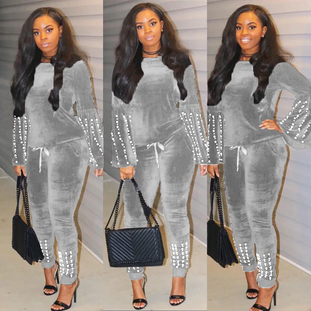 Высокая уличная мода Женский комплект с жемчужинами топ круглым вырезом и