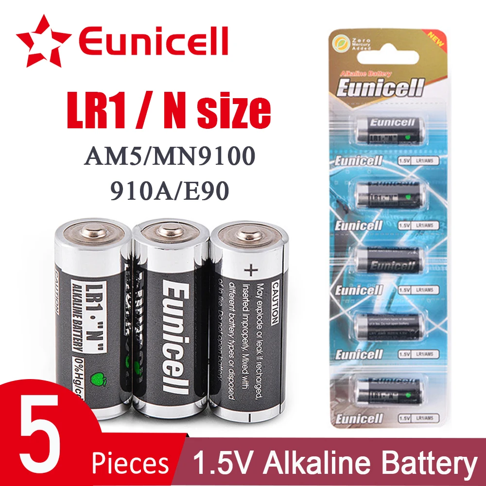 

Eunicell 5PCS LR1 N Size Alkaline Batteries for Toys, Speaker, Players, Remote Control LR 1 AM5 E90 MN9100 910A 1.5V Dry Battery