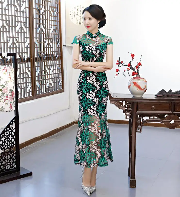 

Sexy Perspective Lace Embroidery Flower Lady Cheongsam Long Mermaid Banquet Skirt Traditional Wedding Guest Chinese Dresses