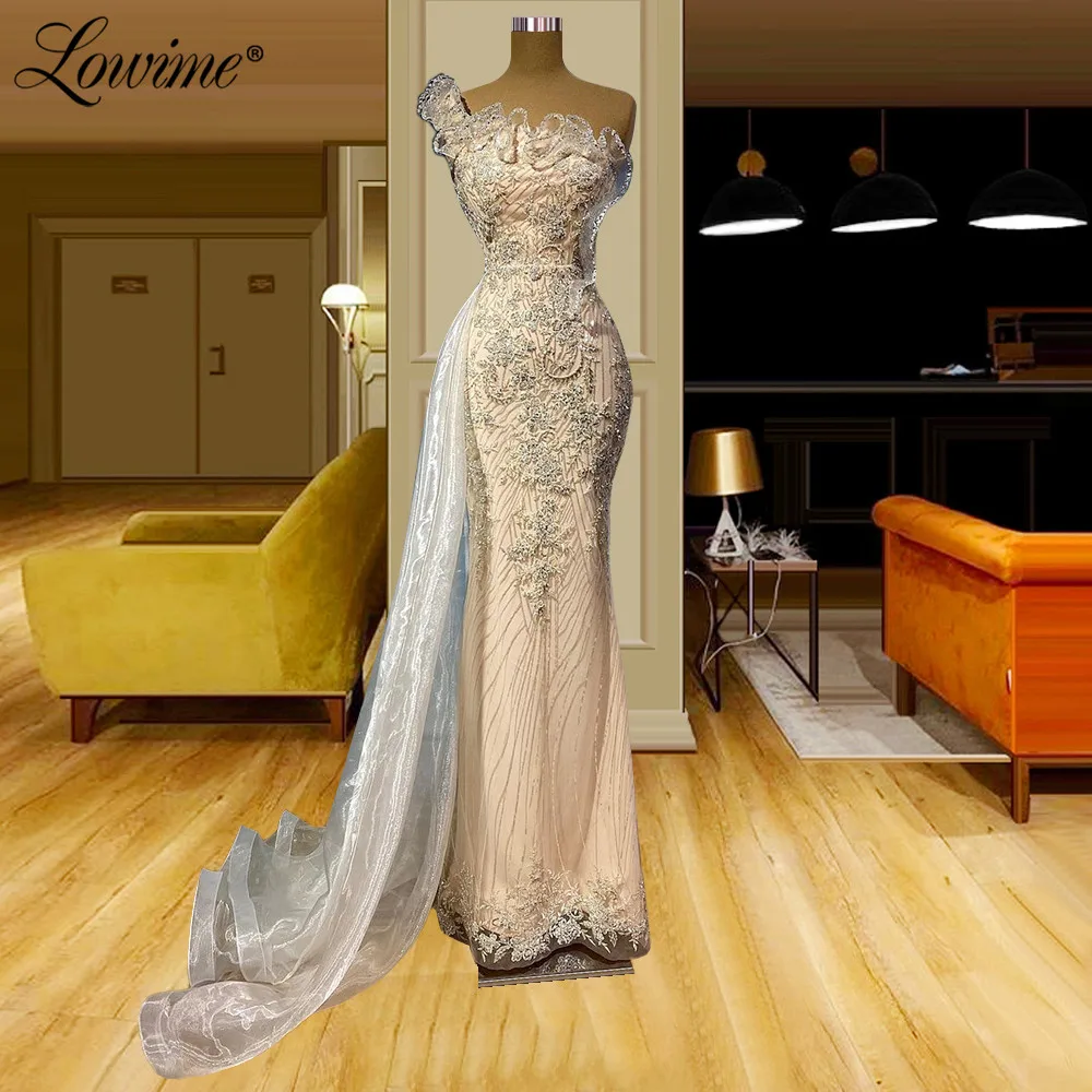 

Lowime Arabic Beaded Evening Dresses Crystals One Shoulder Mermaid Evening Gowns Long Celebrity Prom Party Dresses Robes 2021