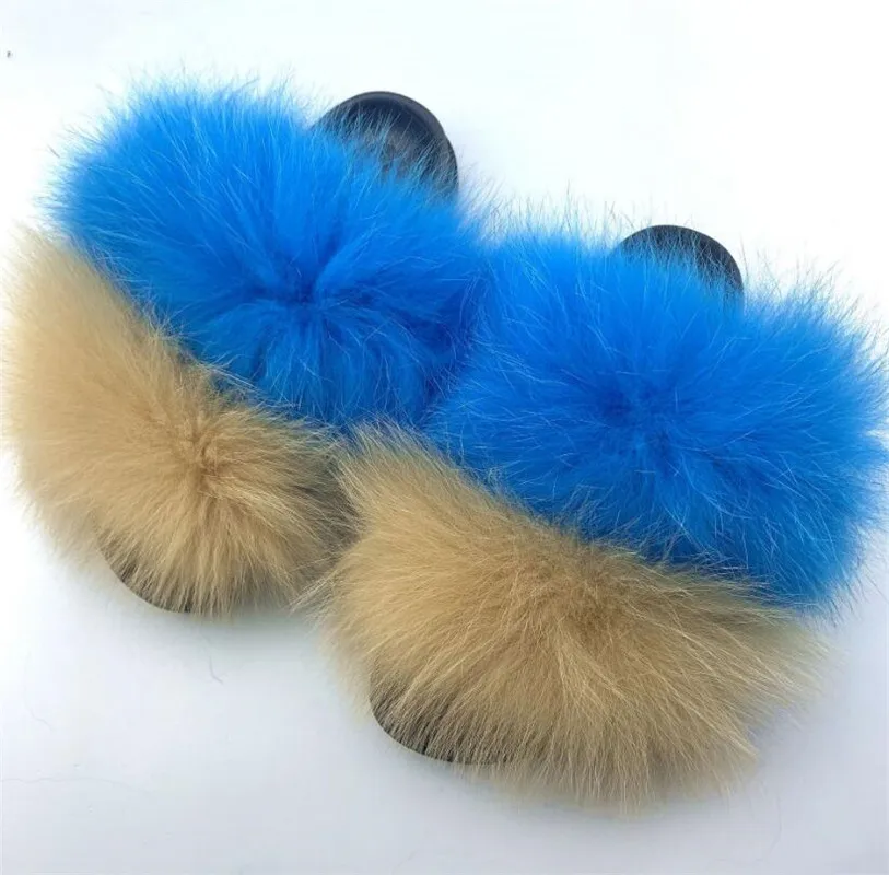 

Ladies Luxury Plush Slippers Real Fox Fur Slides Furry Fur Slippers High-quality PVC Slippers Brand Sandals Snug Flat Slippers