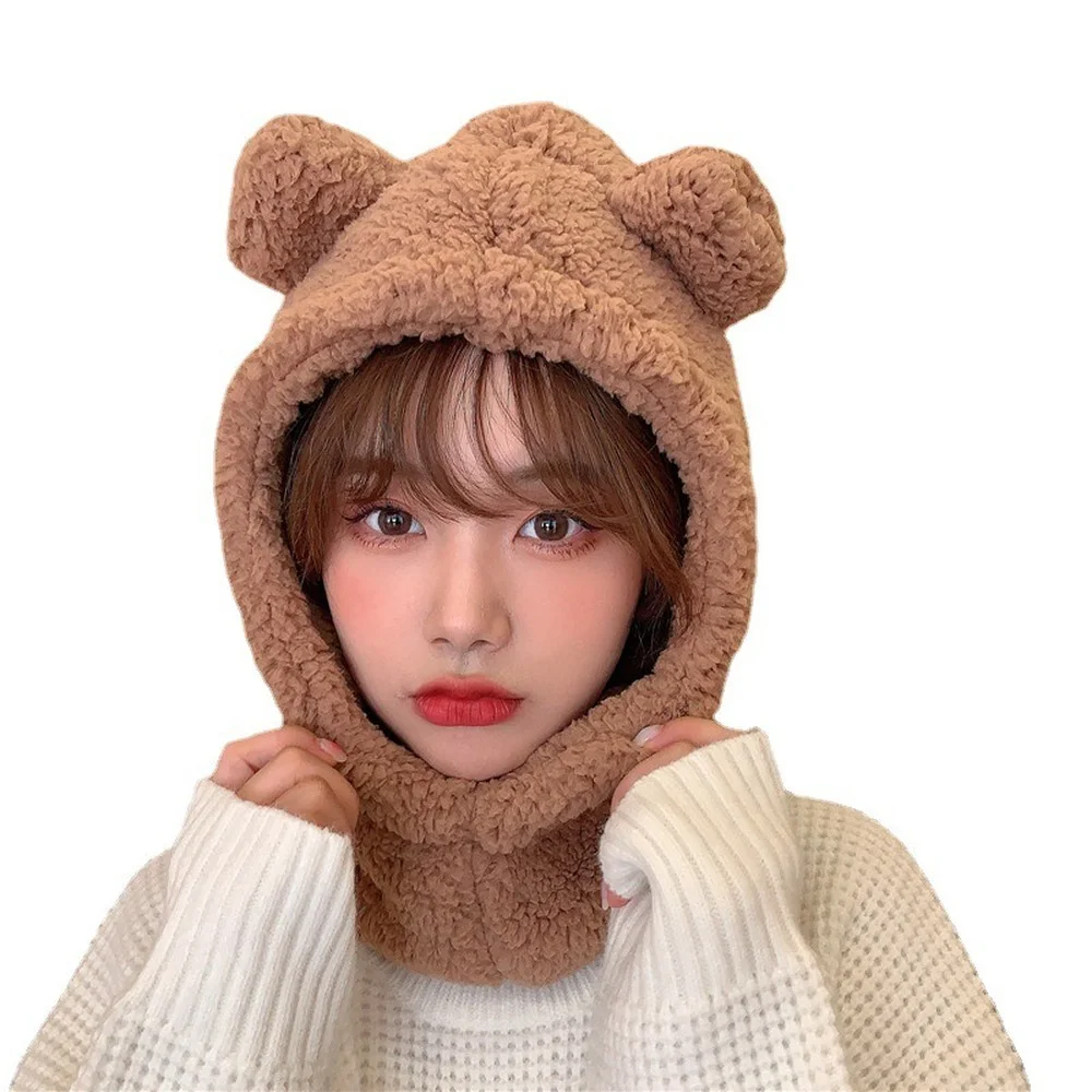 

Balaclava Cute Earflap Hat Teddy Lug Winter Head Hood Bear Hat with Pompom Fur Scarf-collar Plush Casual Cotton Fleece Warm Caps