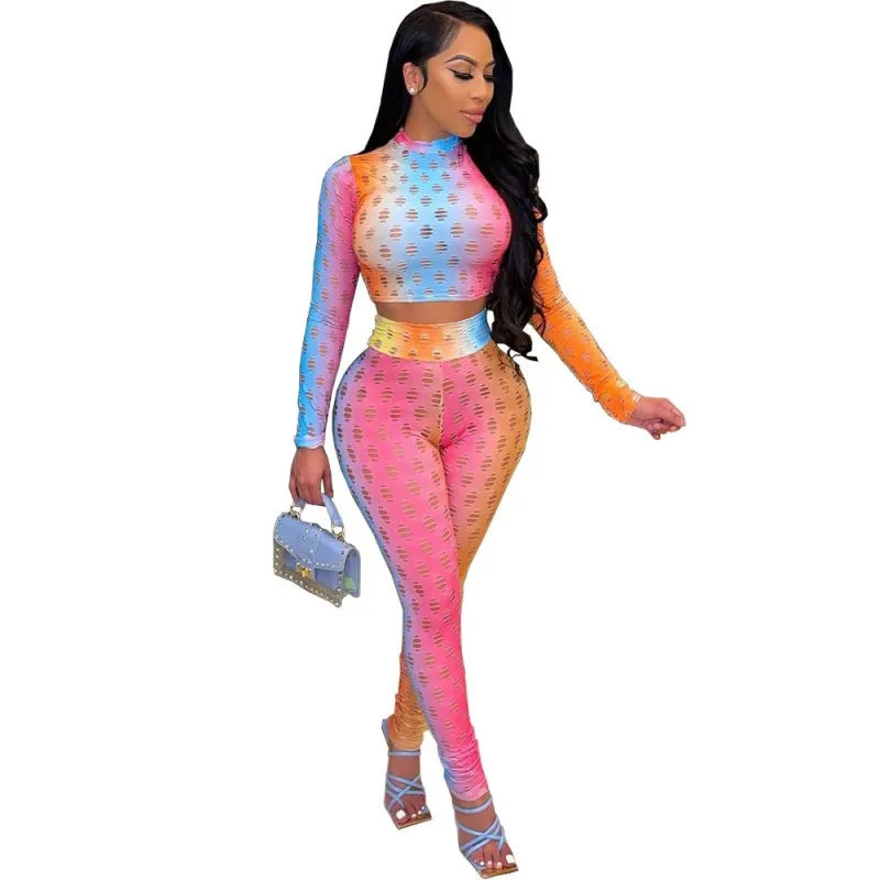 

Pant Suits Two Piece Set Women Full Sleeve T Shirt Crop Top Outfits 2021 Autumn Gradient Hollow Street Style Sexy Tracksuit Sets