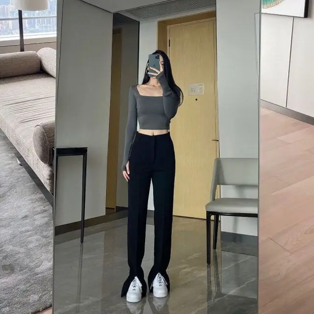 

Split High Waist Skinny Women's Pencil Pants Spring Streetwear Female Trousers 2021 Fashion Solid Casual Black Lady Bottom