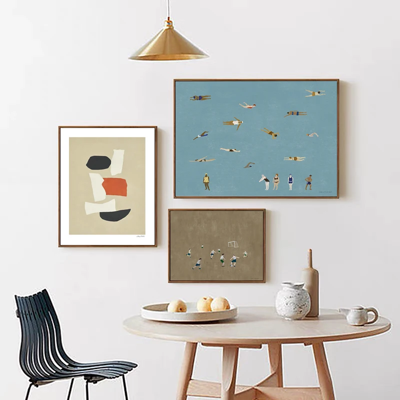 Винтажные абстрактные фигурки птицы Парижские линии Плакат футбол плавание