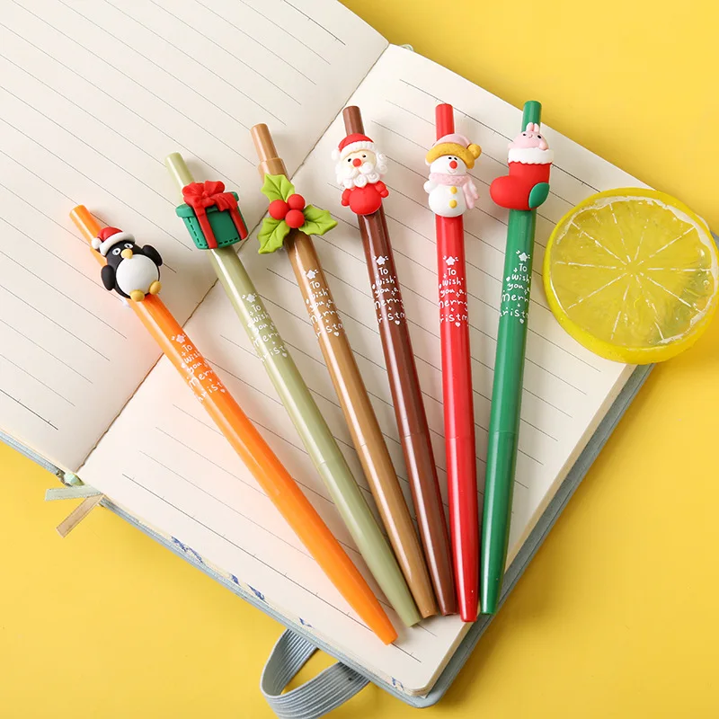 

10 шт./лот кавайная Рождественская гелевая ручка, милая ручка с Санта-Клаусом, снеговиком, подарок, выдвижная нейтральная ручка, черные черни...