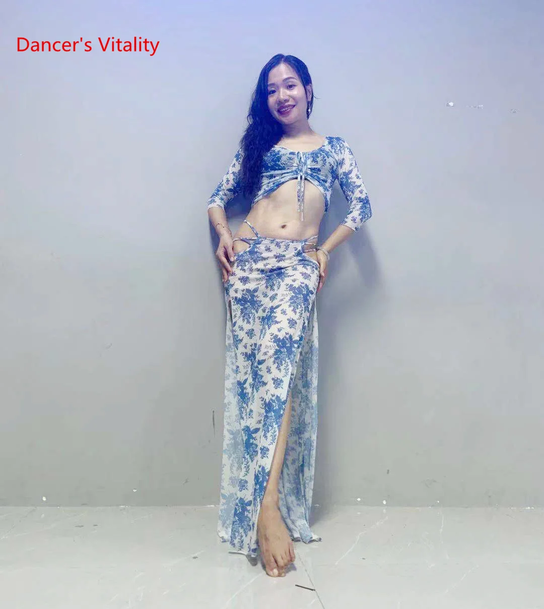 Belly dance suit Fashion  print flowers belly dacning suit top and split skirt 2pcs Oriental Dance set Exotic dance wear