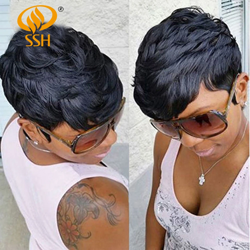 Короткий парик с челкой человеческие волосы Remy короткие бесклеевые прямые