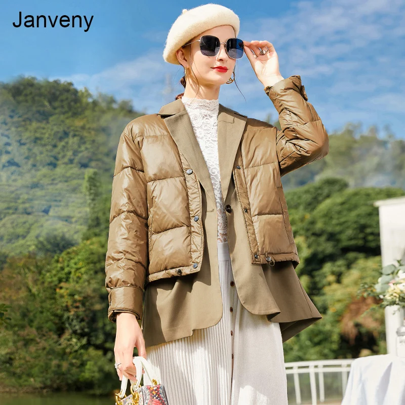 

Janveny 2021 зимнее пуховое пальто женская дизайнерская обувь с фальш-вставкой 90% пуховик белого цвета на утином пуху костюм с вышивкой; Индивиду...