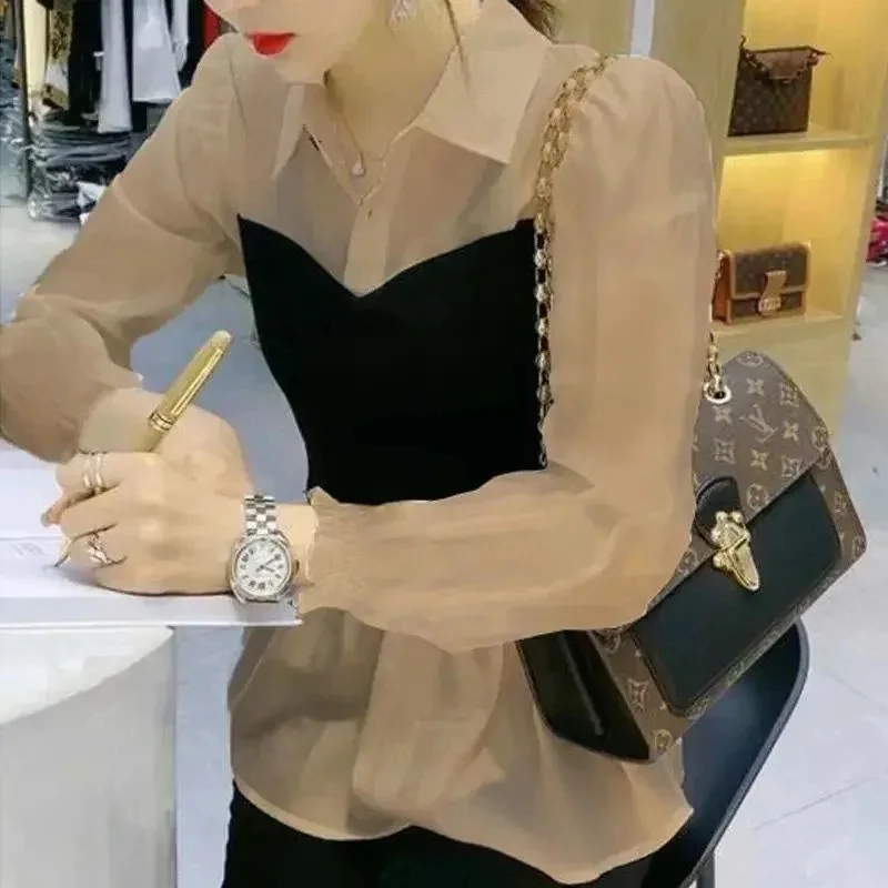 

Women's T-Shirt Spring/Summer 2021New Ladies jacket Fake Two Pieces Shirt Jacket Slim Show Thin Chiffon Femme Blouse