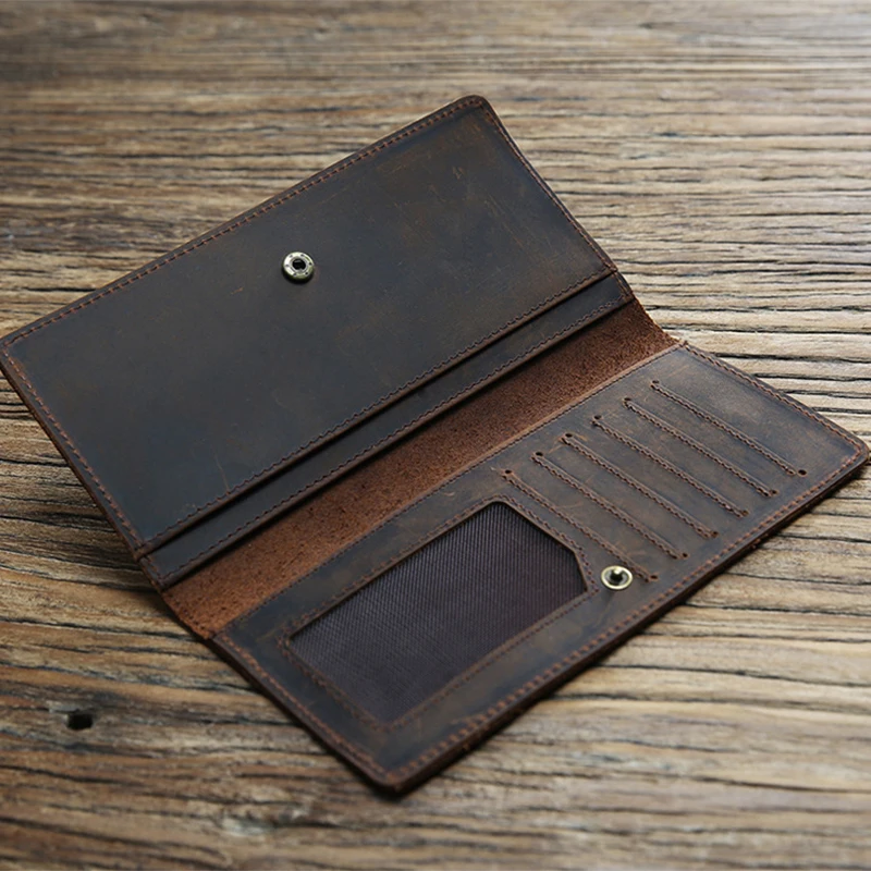 Genuine Leather Men Wallets Crazy Horse Cowhide Male Vintage Handmade Long Slim Thin Wallet Card Holder Billfold Purse Carteira | Багаж и