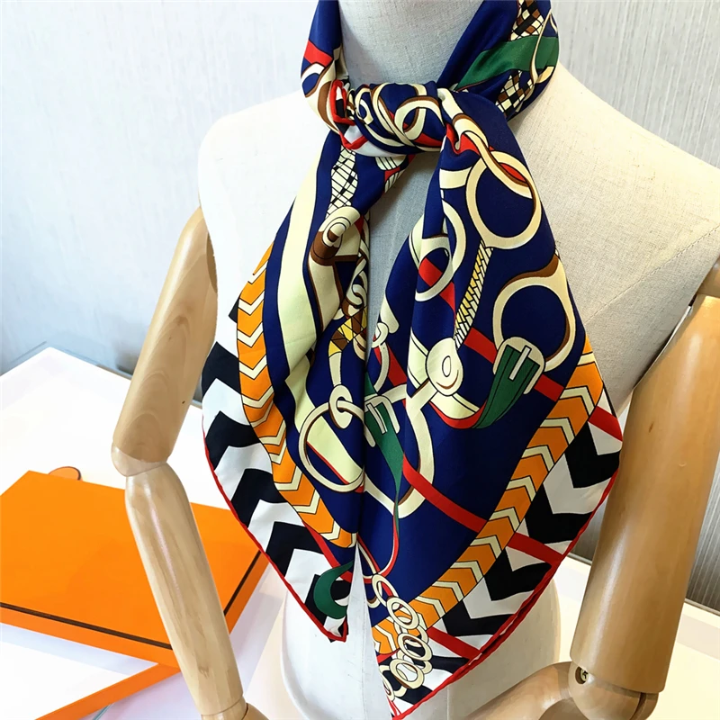 

90cm Twill Silk Square Scarf Women Handmade Curled Brand Design Hijab Scarf Belt Print Bandana Foulard Head Scarves Shawl snood