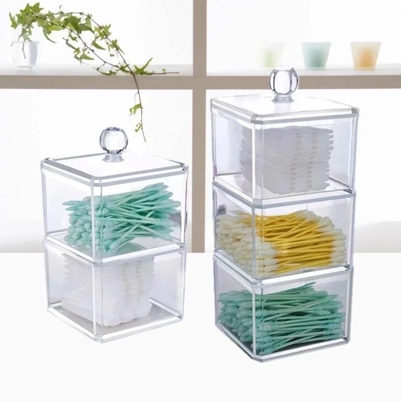 

Acrylic Cosmetic Storage Box Makeup Organizer Cotton Swab Cotton Pad Plastic Box Bathroom Accessories Three Layer Stackable