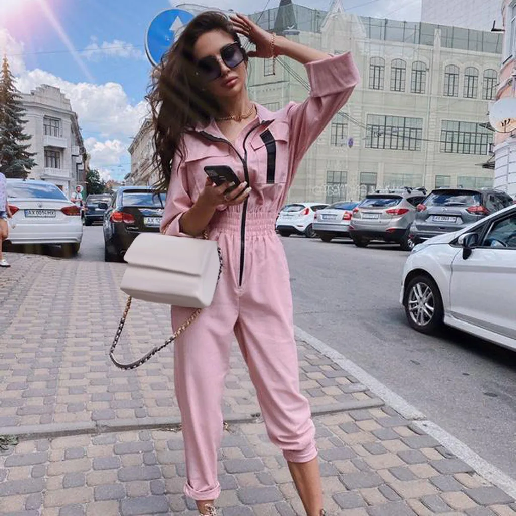 Женский модный однотонный комбинезон с длинными рукавами зауженным поясом и