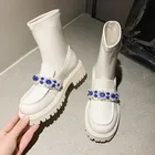 Женские ботильоны на цепочке с цветочным принтом и кристаллами, ботинки на высоком блочном каблуке с круглым носком, кожаная обувь, новинка 2022, зимние женские ботинки Ytmtloy без застежек