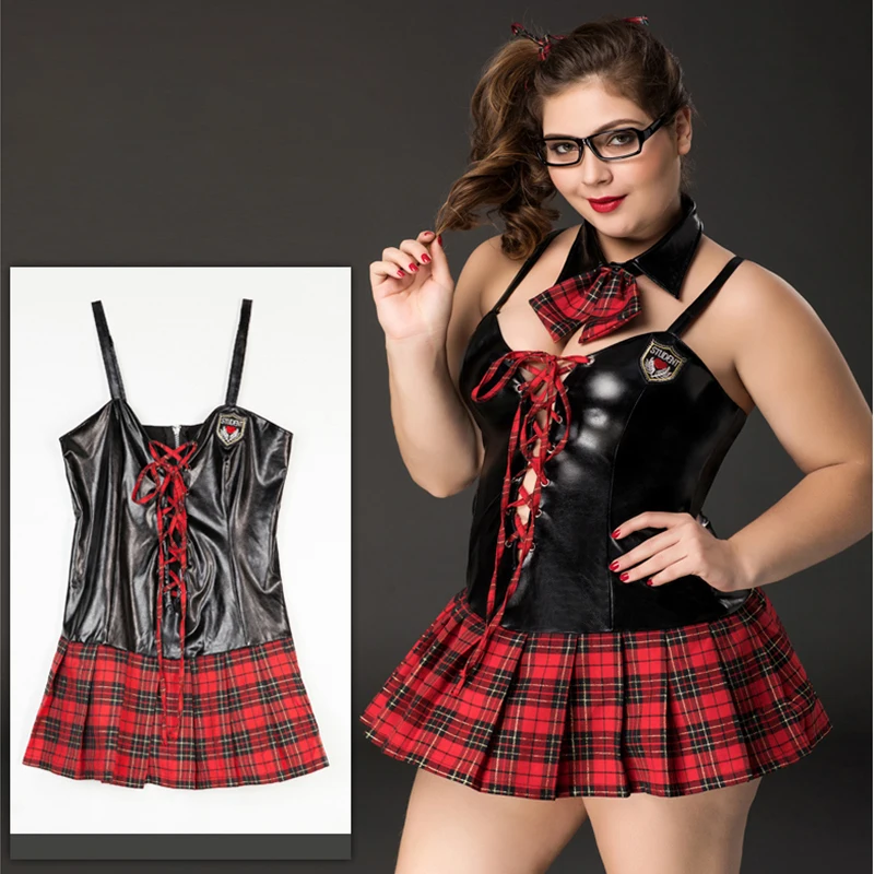 

JSY Plus Size School Girl Cosplay Uniform Faux Leather Patchwork Plaid Dresses Women Sexy Student Schoolgirl Halloween Costumes