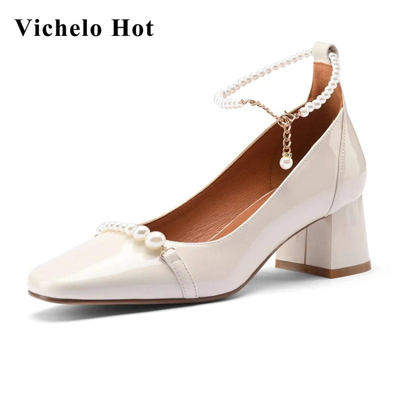 

Vichelo Hot spring shoes Mary janes round toe high heels pearl decoration French romantic handmade top quality women pumps L42