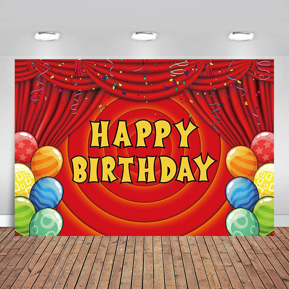 

Happy Birthday Red Circus Backdrop Cartoon Curtain Colorful Balloons Decoration Boys Kids Birthday Party Banner Background
