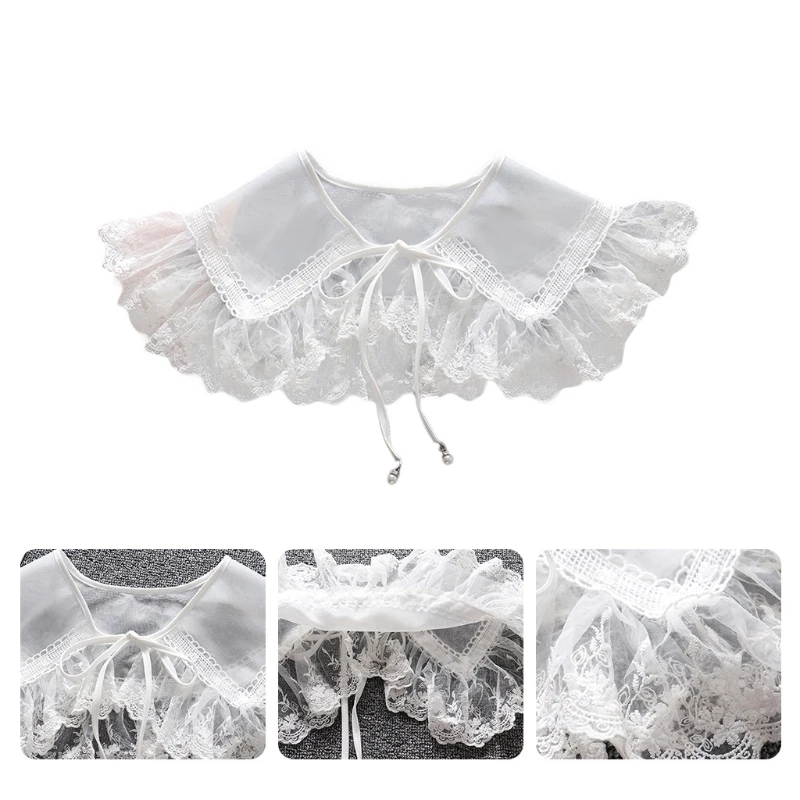 

Womens White Ruffled Floral Lace Trim Fake Collar Shawl Sweet Lolita Lace-Up Bowknot Short Poncho Capelet Sheer Mesh Decorative