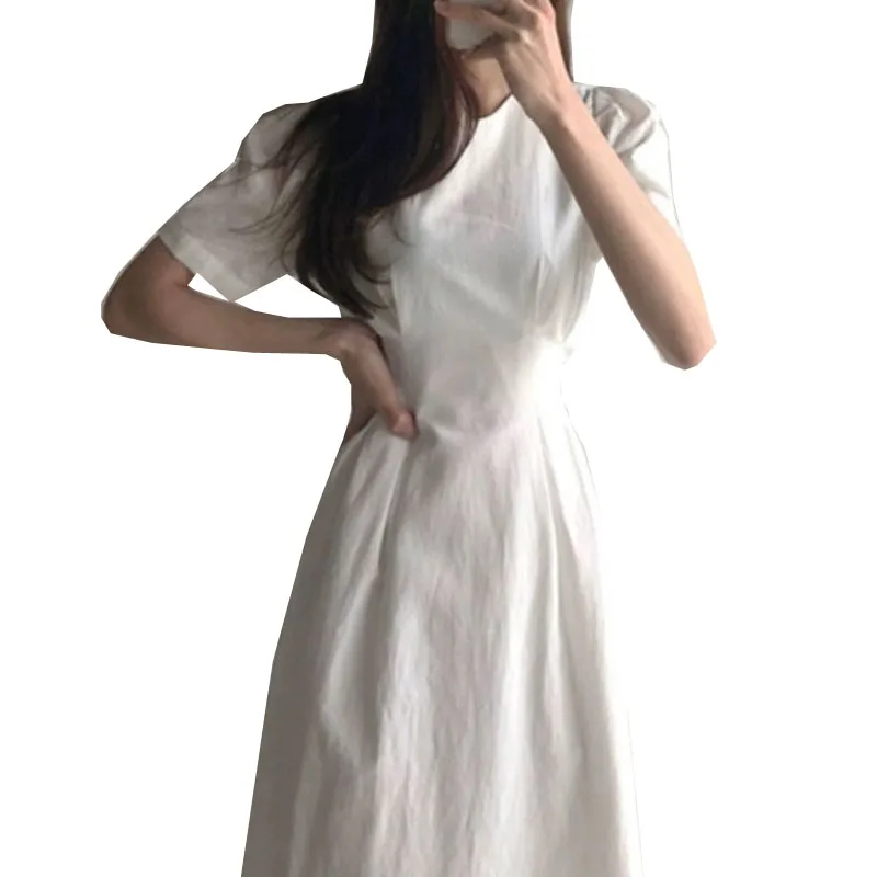 

2020 Women Summer Vintage Dresses Fashion Cute Sweet Ladies Dress Cotton Linen O-Neck Women's Dresses Vintage White Dress