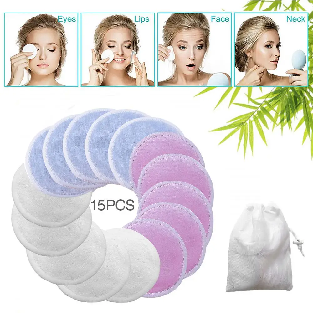 15pcs 10/16/20 штук Многоразовые для снятия макияжа колодки моющиеся хлопок ткань буфами на рукавах с мешком для стирки салфетки уход за кожей лица/глаз/губ чистые уход за кожей лица - Color: 15pcs