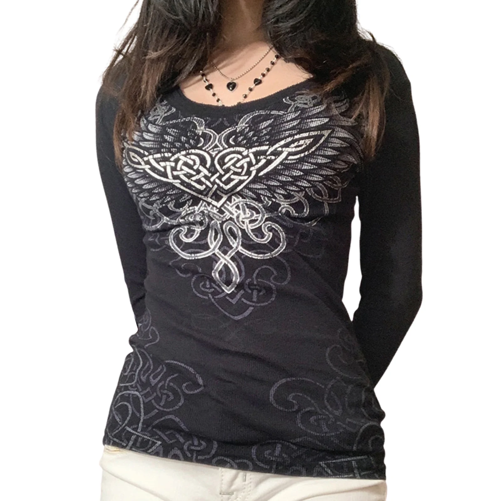 

Женская облегающая футболка с принтом, винтажный Повседневный пуловер с длинным рукавом и круглым вырезом в стиле Харадзюку, топы, уличная ...