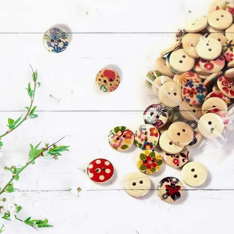 

100pc Wooden buttons 15mm mixed round 2 holes wood buttons sewing scrapbooking decoration wooden dyed buttons