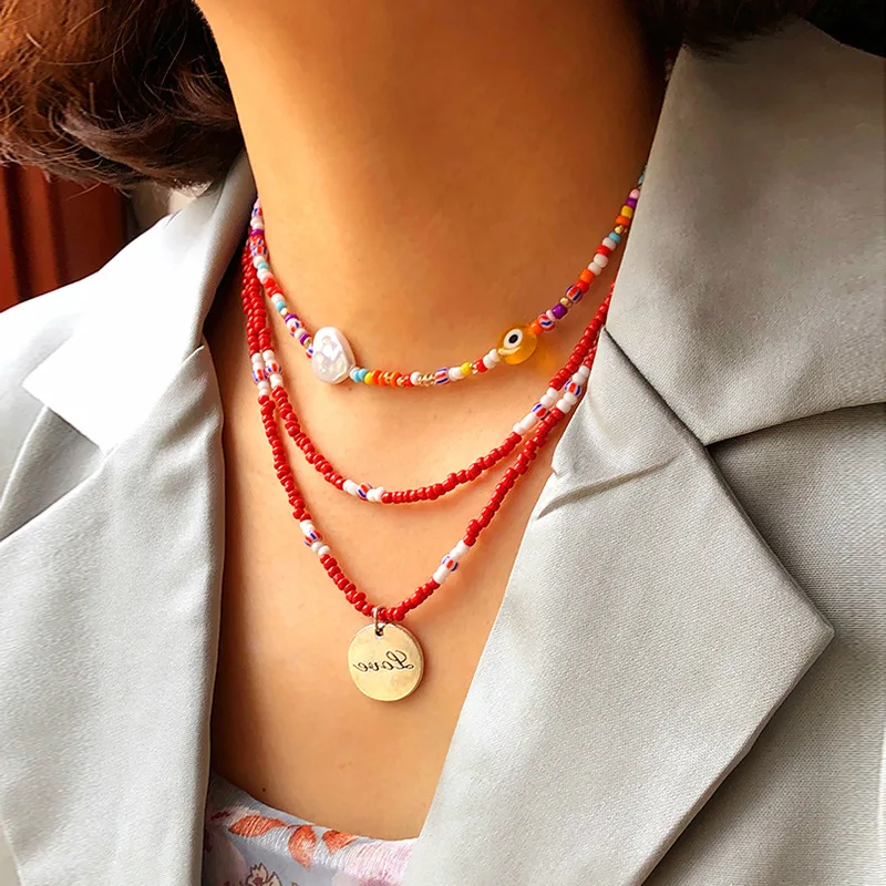 

Color millet bead necklace for women with stacking beaded handmade clavicle chain simple disc pendant jewelry wholesale