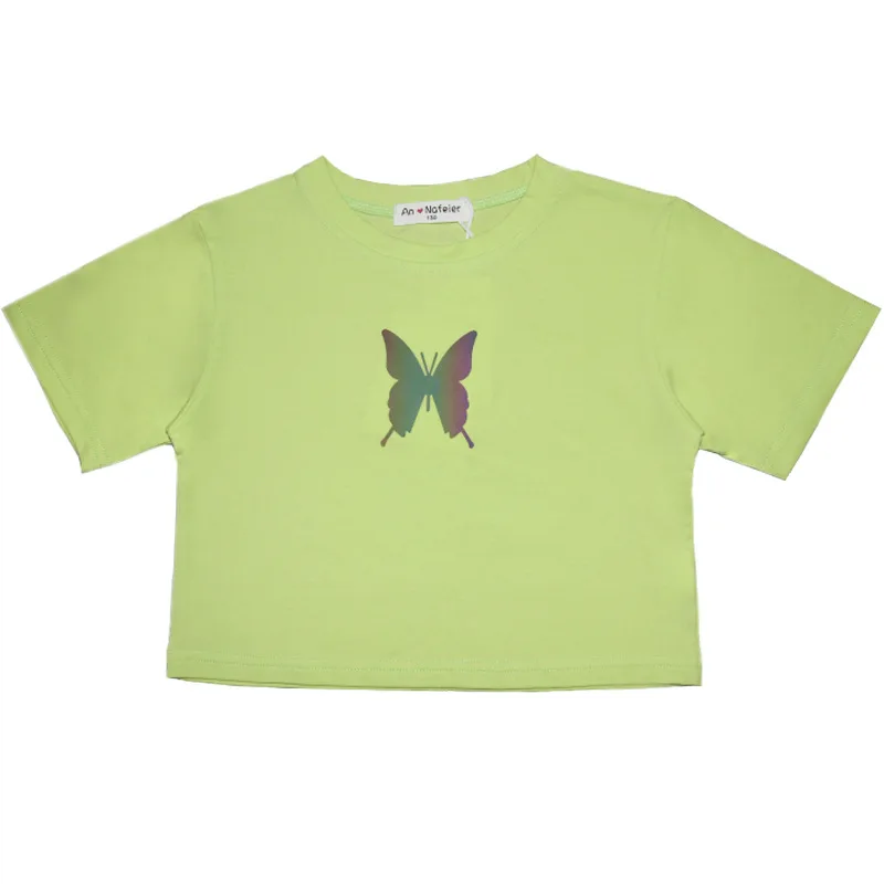 

T-shirts for Girls Summer Clothes Children's Short-Sleeved Butterfly Seven Color Reflective Navel All-match Knitted Top
