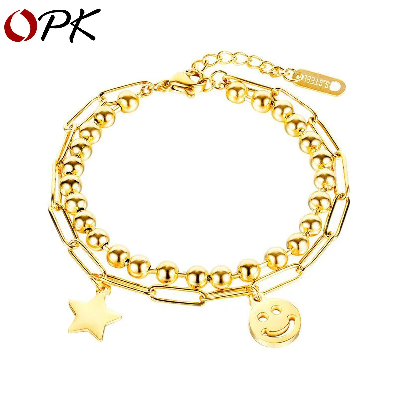 

Korea cross-border stars smiling face titanium steel beads double bracelet female net red personality joker small INS jewelry
