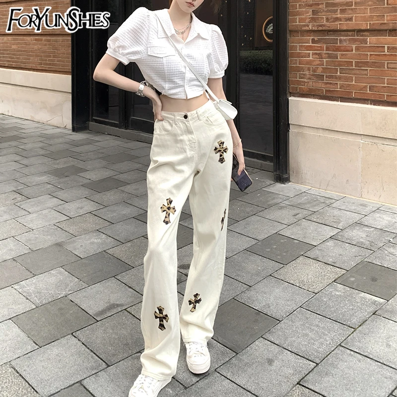 

Cross Embroidery Jeans Women Hip Hop High Waist Flared Denim Pants Baggy Wide Leg Straight Trousers 2021 Summer Streetwear