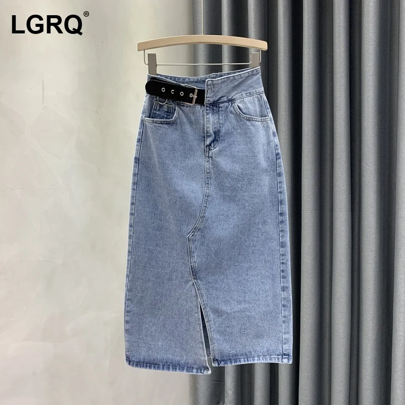 

Женская джинсовая юбка с высокой талией, с разрезом