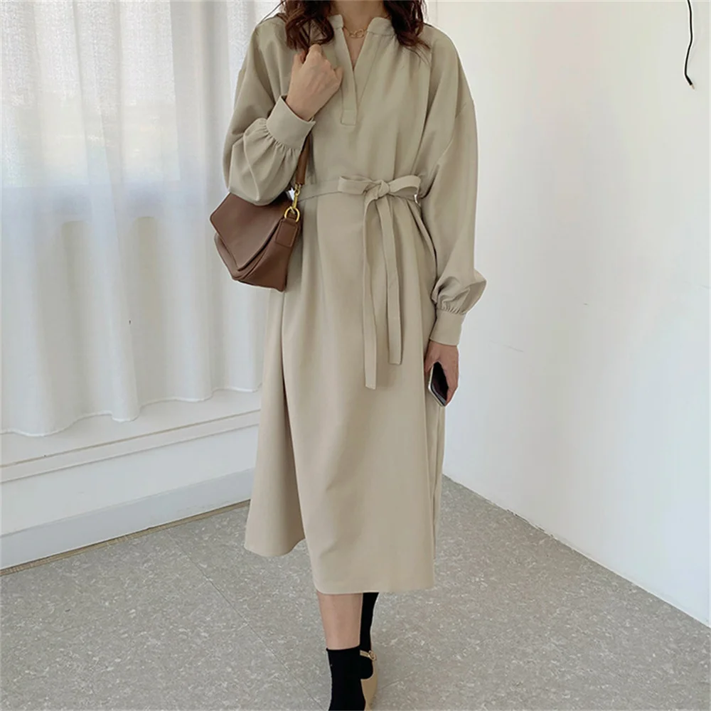 

Однотонное элегантное женское длинное платье Harajuku на шнуровке с V-образным вырезом модное минималистичное нежное женское платье в стиле Ха...