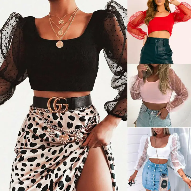 Женский сексуальный короткий топ кружевная прозрачная сетчатая блузка в горошек