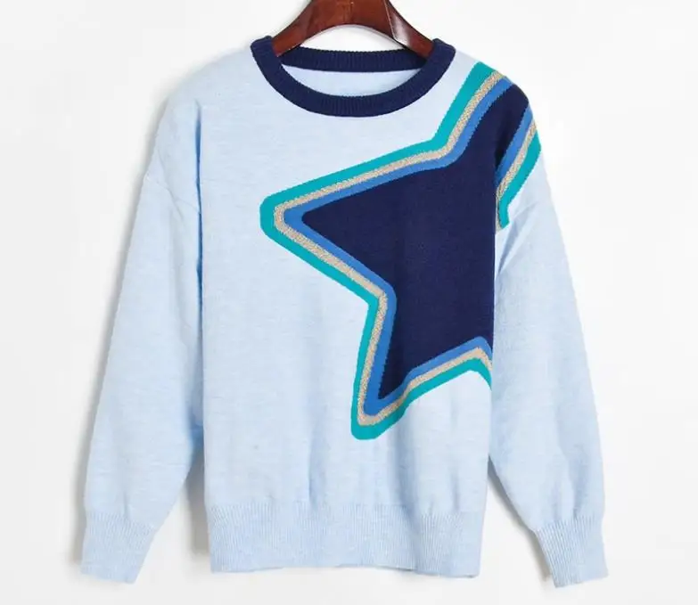 

1029 2020 Free Shipping Fashion Sweater Blue Pullover Long Sleeve Crew Neck Panelled MINXHI