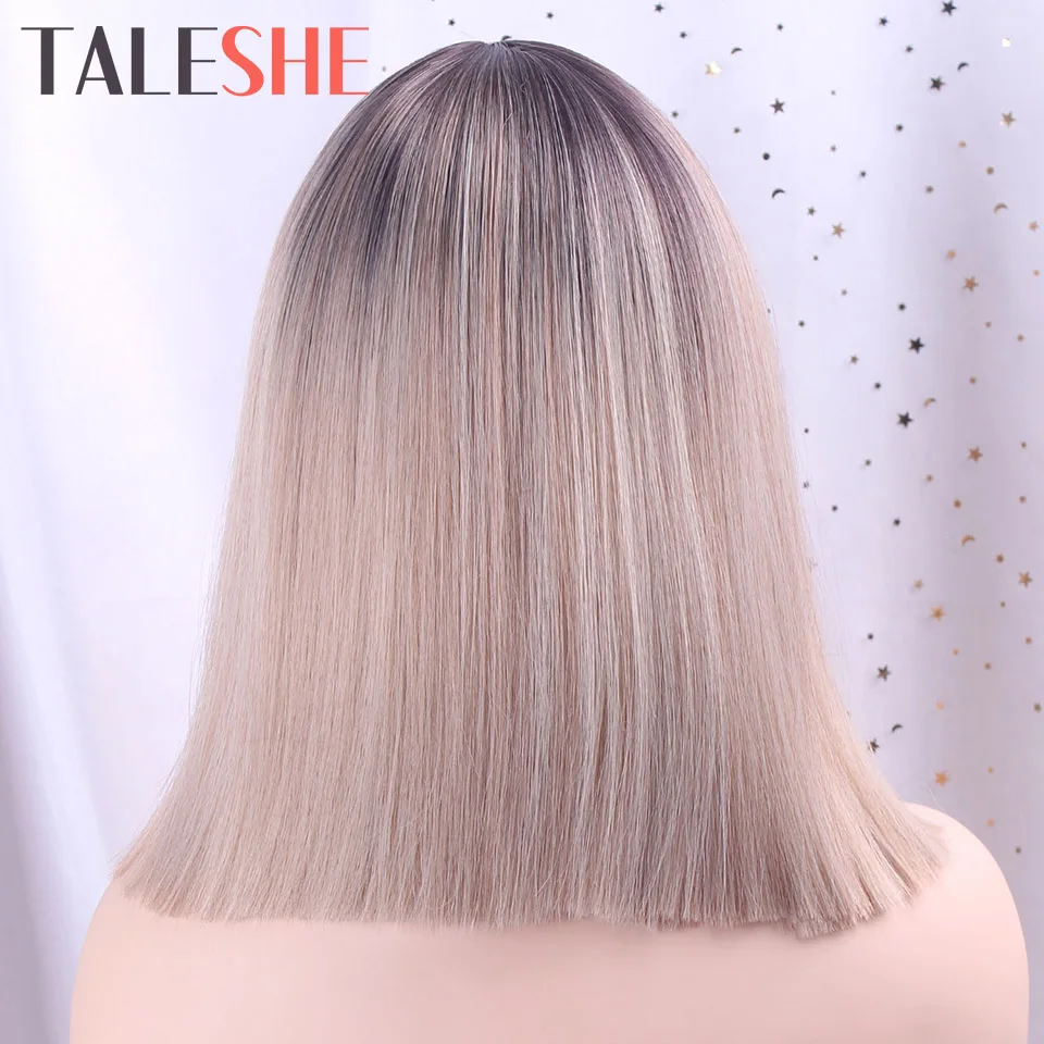 

Ombre Short Straight Blunt Synthetic Wig Mixed Brown and Blonde Wigs for White /Black Women Middle Part Natural Hair Cosplay