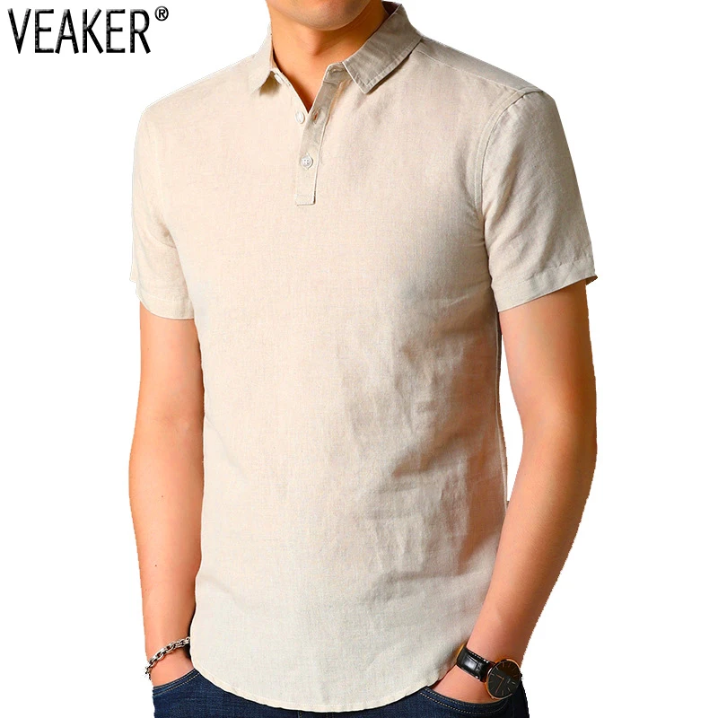 Рубашка мужская облегающая из хлопка и льна сорочка с отложным воротником