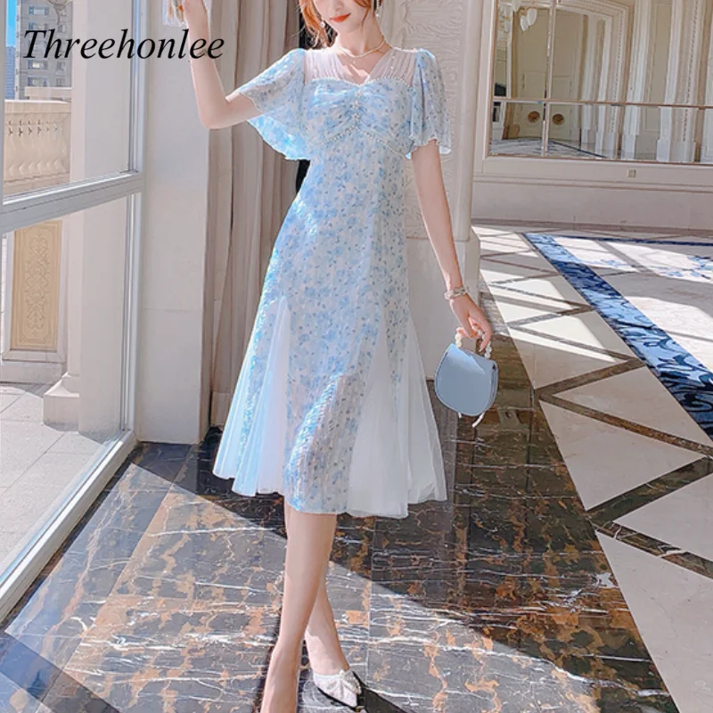 

Женское шифоновое платье-миди с коротким рукавом, голубое винтажное кружевное платье с цветочным принтом, Y2k, лето 2021