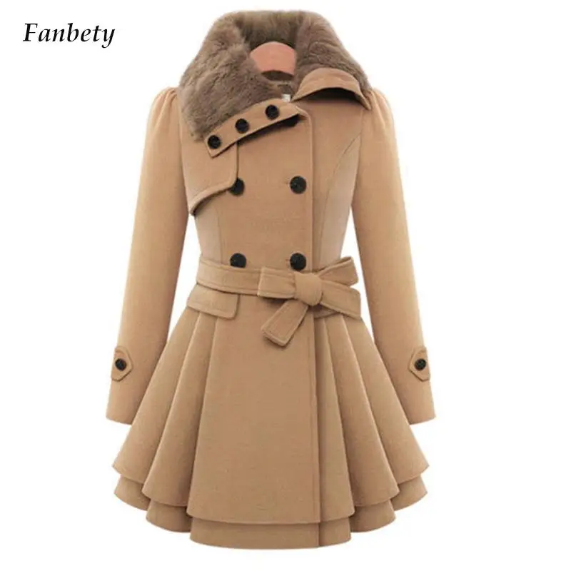 

Elegant Double Breasted Windbreaker Office Ladies Fashion Plush Loose Plush Long Sleeve Hooded Coat Women Solid Wool Trench Coat
