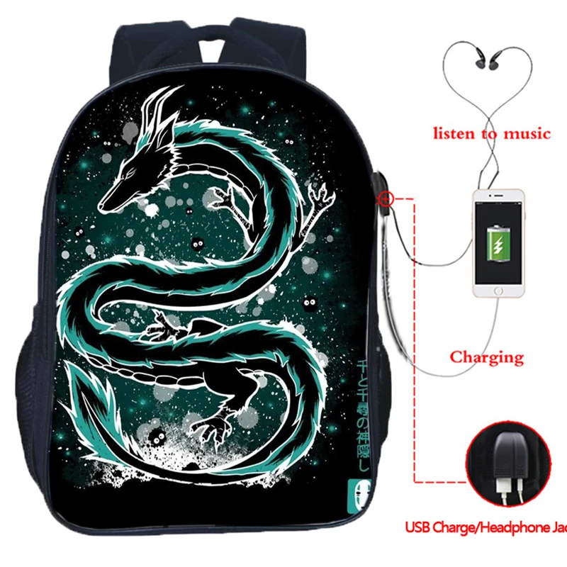 

High Quality Spirited Away Dragon USB Charge Backpack Teens Anime School Bag Students Bookbag Boys Girls Daily USB Rucksack Gift