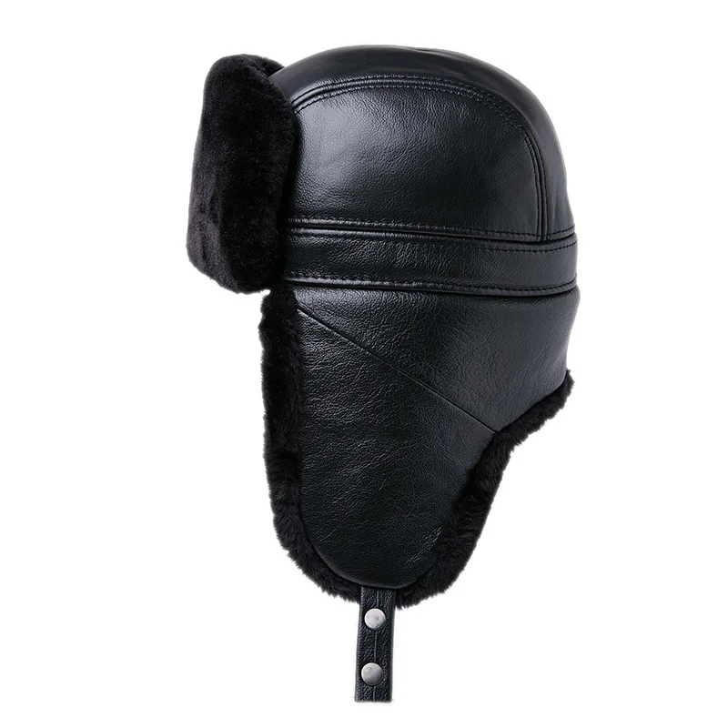 Ushanka Men Winter Thick Warm Outdoor Earmuff Cotton Cap Old Man Genuine Cow Leather Cowhide Warm Fur Hat