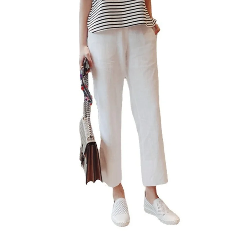 

Chic Wide Leg Pants Women Summer 2021 Korean High Waist Split Casual Cotton Linen Loose Nine Point Straight Trousers Fashion