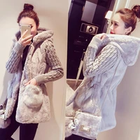 2021 womens autumn and winter jacket new fashion jacket knitted stitching plush faux fur thickened hood