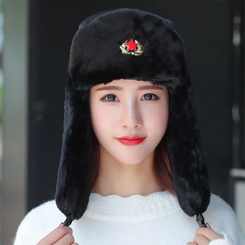 Зимняя шапка MS теплая унисекс авиатора из кроличьего меха с пятиконечной звездой