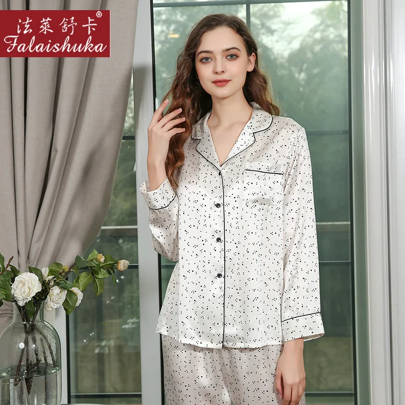 19 momme 100% genuine silk pajamas sets women sleepwear Korean white polka dot Elegant pure natural silk womens pyjamas T8261