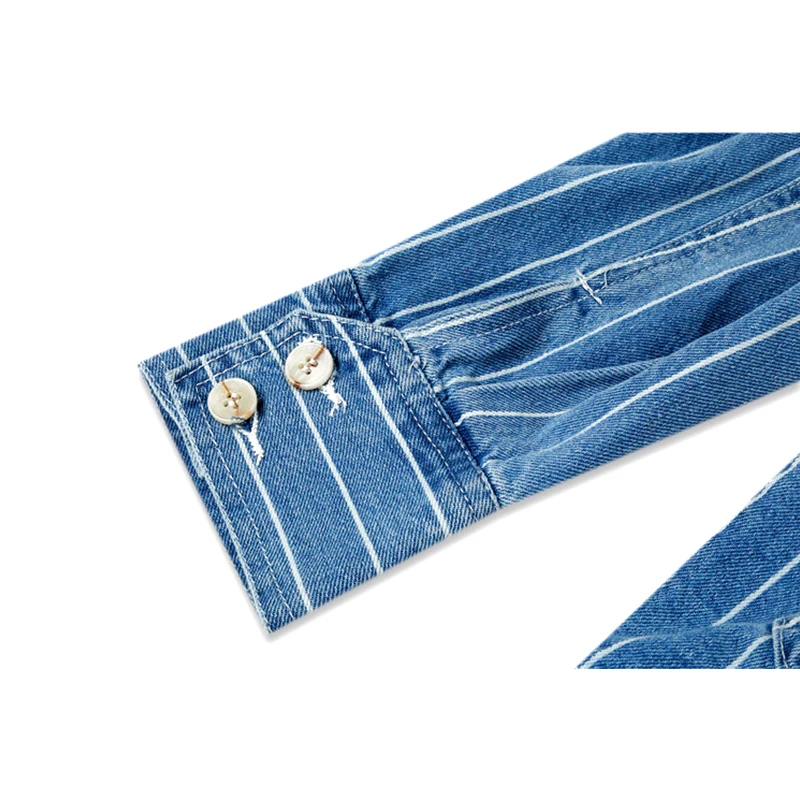 

Striped Denim Shirts Coat Women Long Sleeve Cardigan Pocket Japanese Style Harajuku BF Fashion Jacket Loose Cowboy Outer Tops