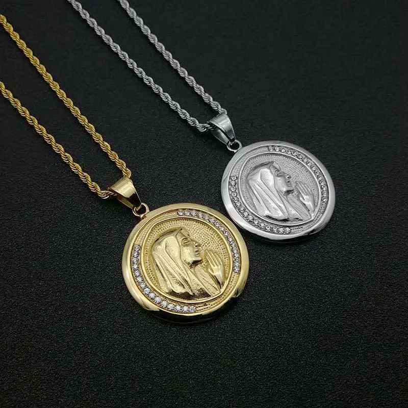 

Hip Hop Iced Out Bling Christian Virgin Mary Pendant Necklace Gold Silver Color Stainless Steel Chains For Women Men Jewelry