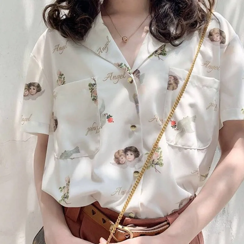

Angle Pattern Print Blouse Women Vintage Korean Womens Shirt Summer White Leisure Loose Tops Women 2021 Fashion Shirts