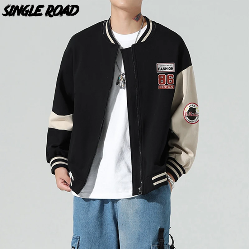 

Single Road Mens Varsity Jacket Men 2022 Patchwork Fashion Baseball Uniform Harajuku Hip Hop Japanese Streetwear Black Jackets